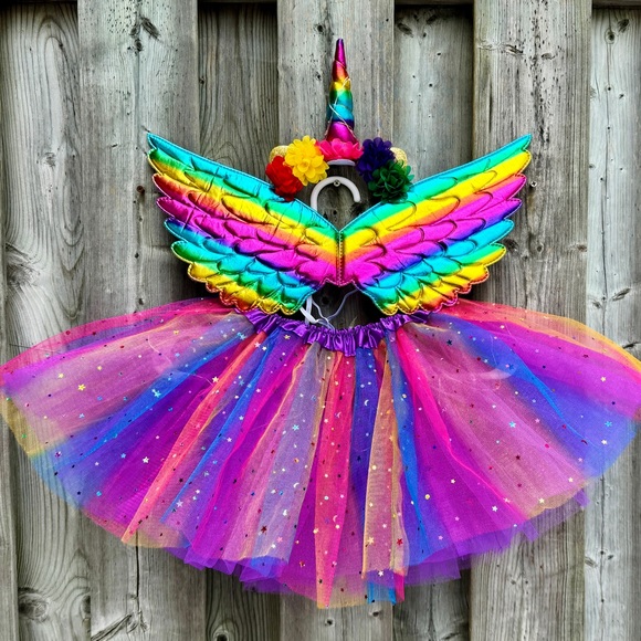 NEW 3PCS SET LED Unicorn Rainbow Sparkle 4 Layer Tutu Hairband Wings - Picture 4 of 8